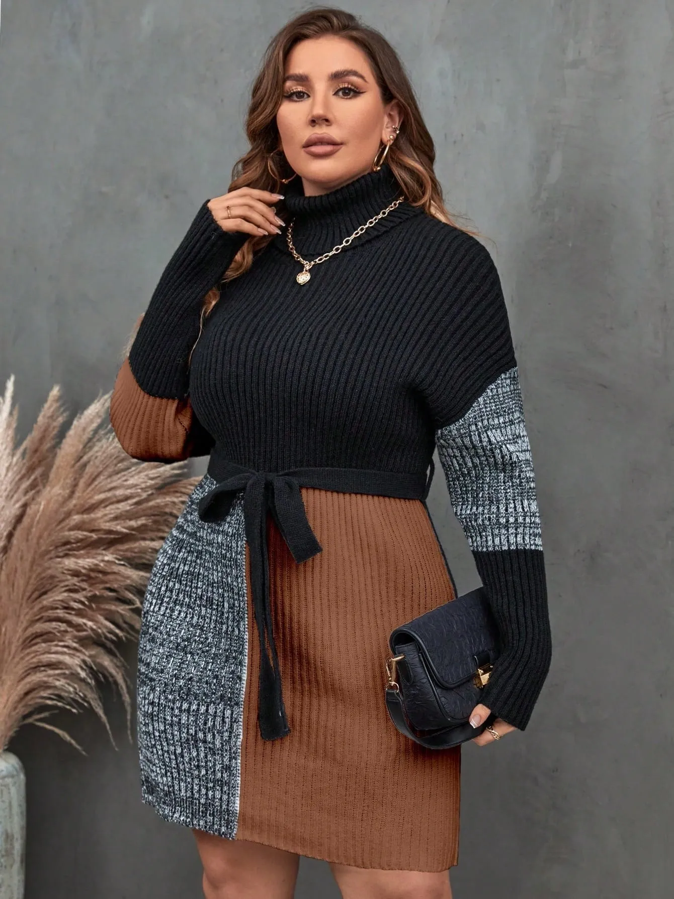 Plus Colorblock Turtleneck Drop Shoulder Belted Sweater Dress