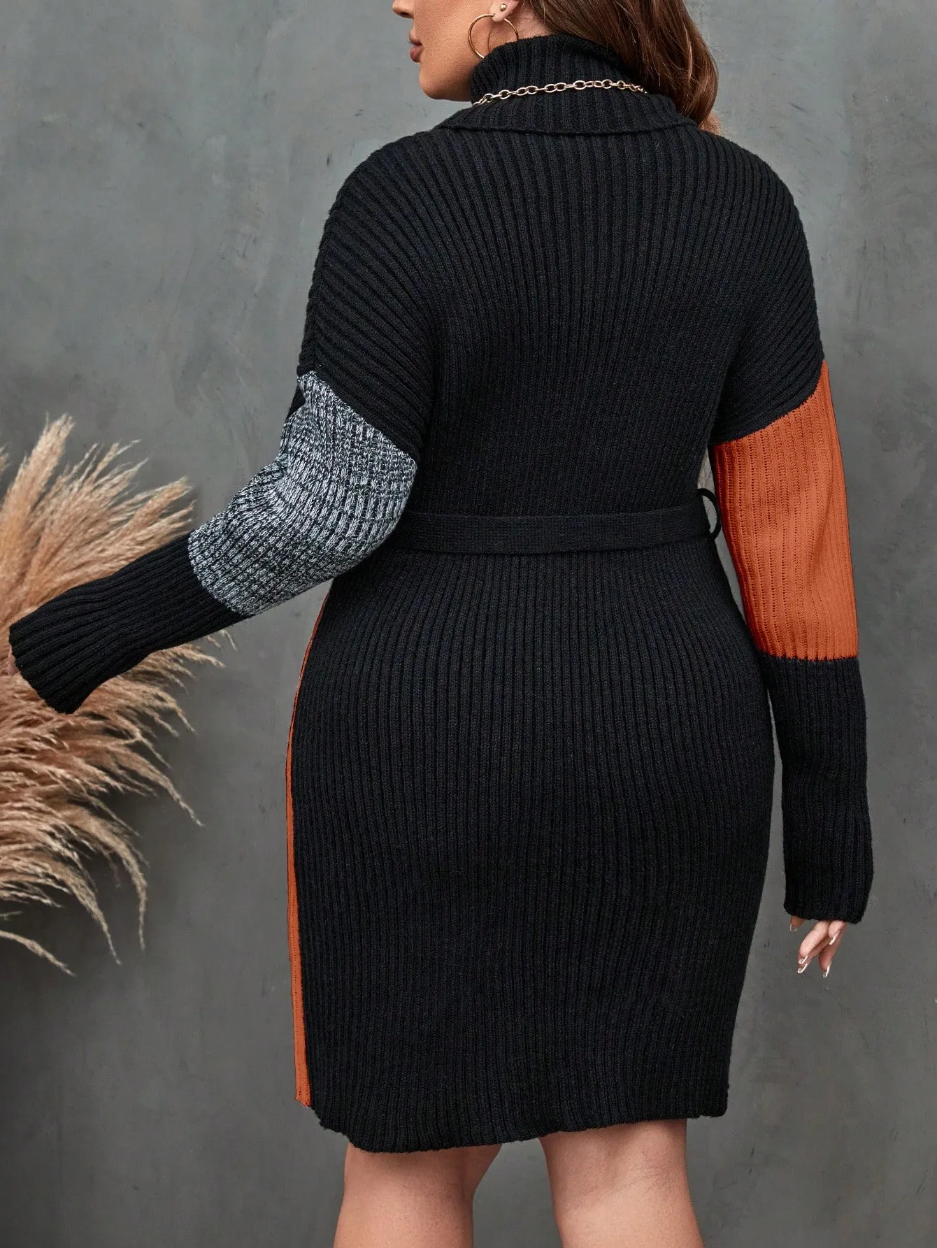 Plus Colorblock Turtleneck Drop Shoulder Belted Sweater Dress