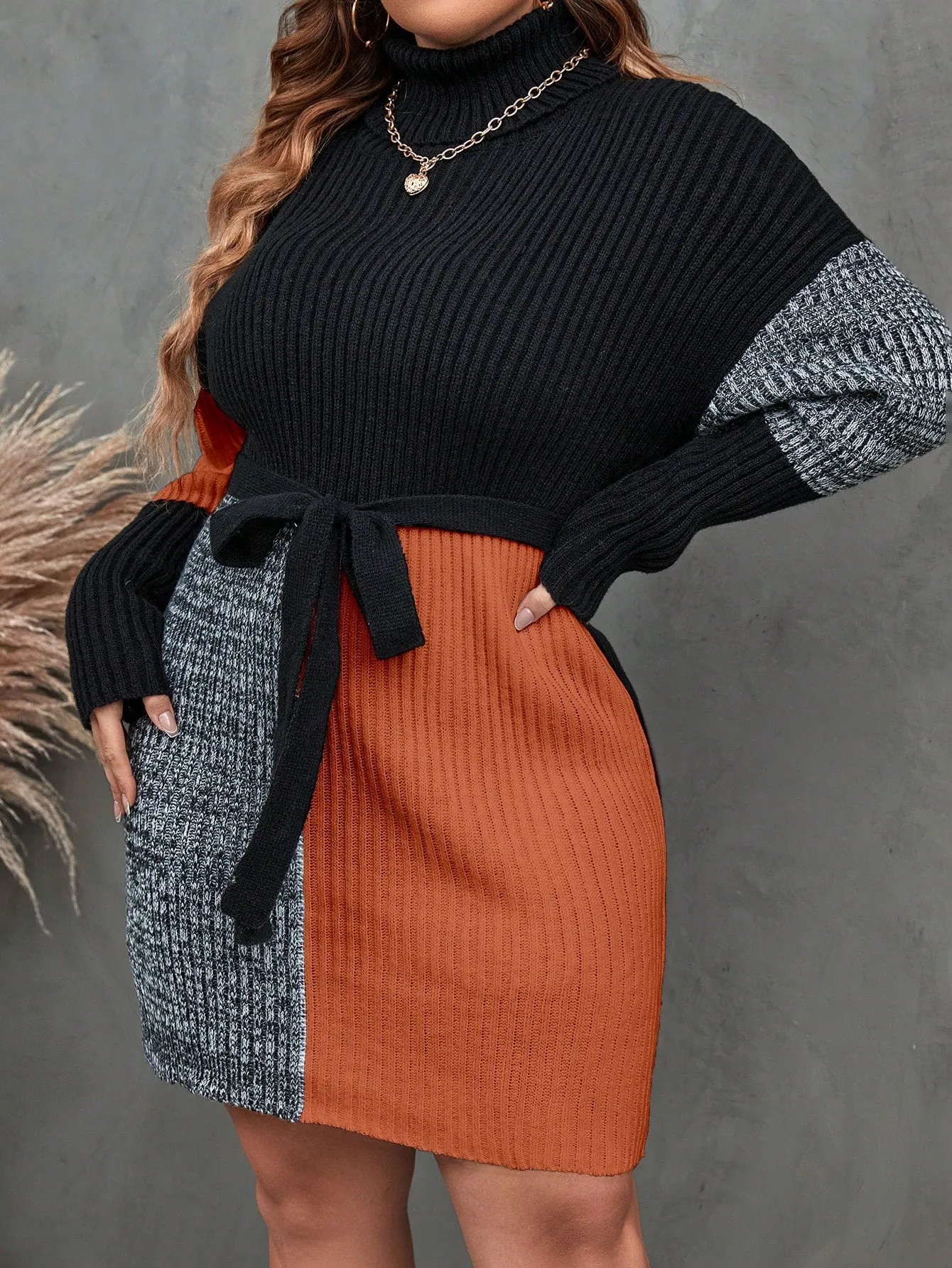 Plus Colorblock Turtleneck Drop Shoulder Belted Sweater Dress