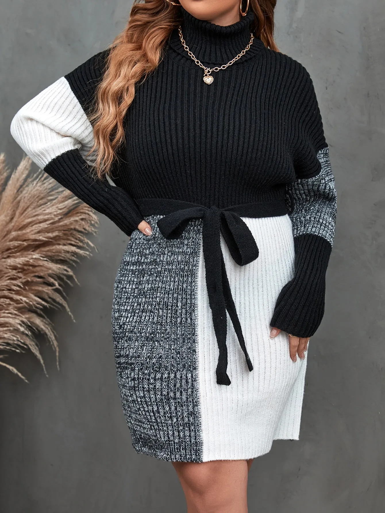 Plus Colorblock Turtleneck Drop Shoulder Belted Sweater Dress