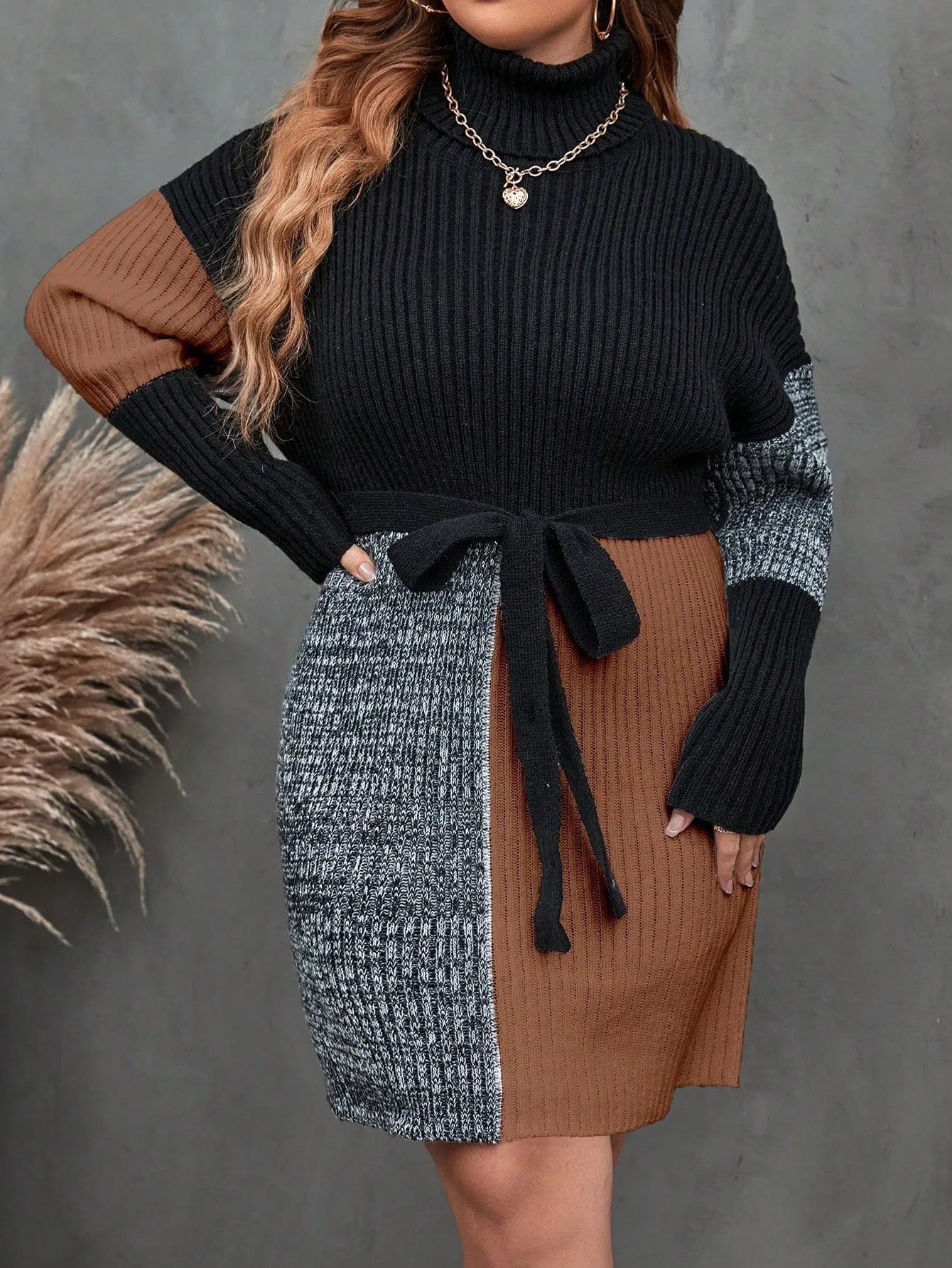 Plus Colorblock Turtleneck Drop Shoulder Belted Sweater Dress