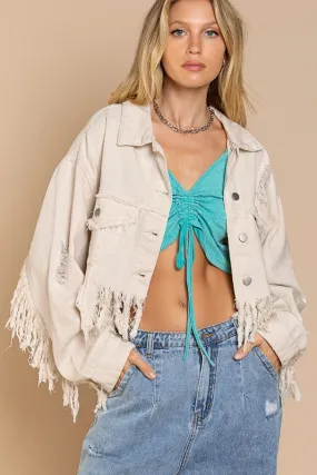 Plus Fringe-Detailed Cropped Denim Jacket