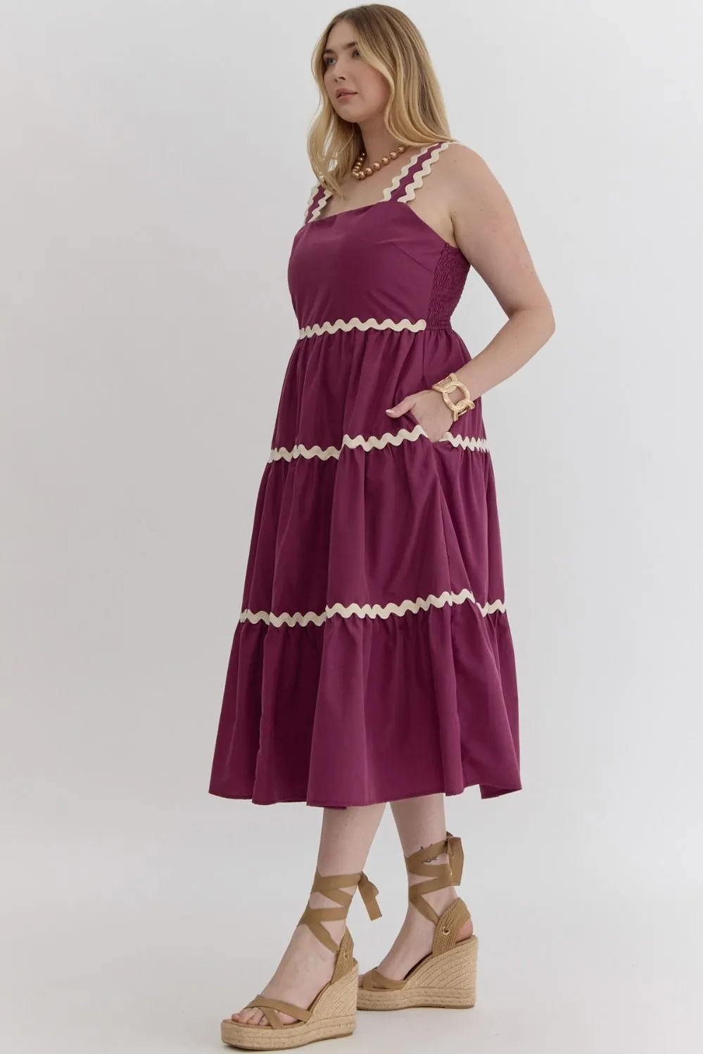 Plus Size Plum Solid Square Neck Sleeveless Midi