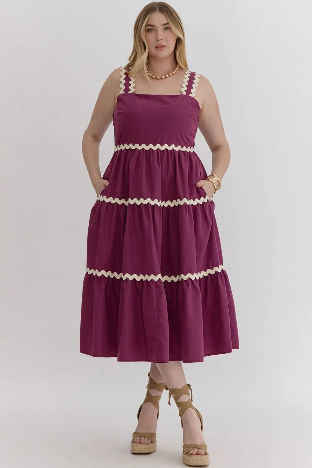 Plus Size Plum Solid Square Neck Sleeveless Midi