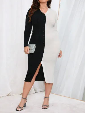 Plus Size Two Tone Button Front Sweater Midi Dress