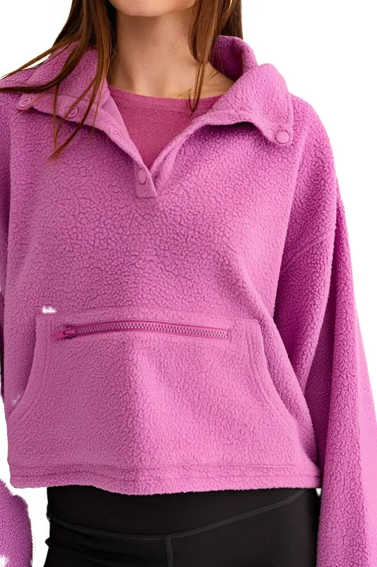 Pocket Detail Boxy Fleece Pullover Sweater