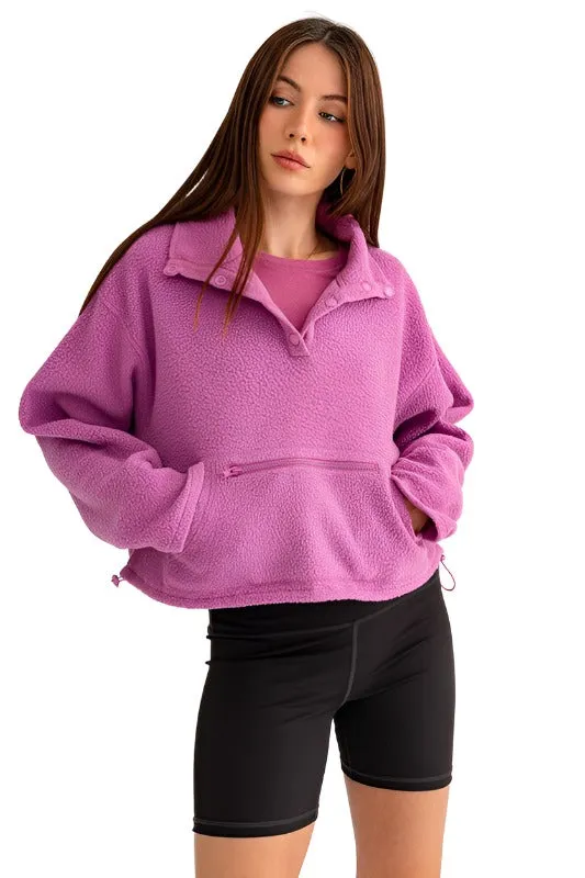 Pocket Detail Boxy Fleece Pullover Sweater