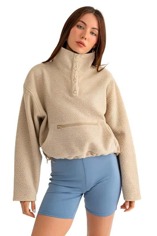 Pocket Detail Boxy Fleece Pullover Sweater