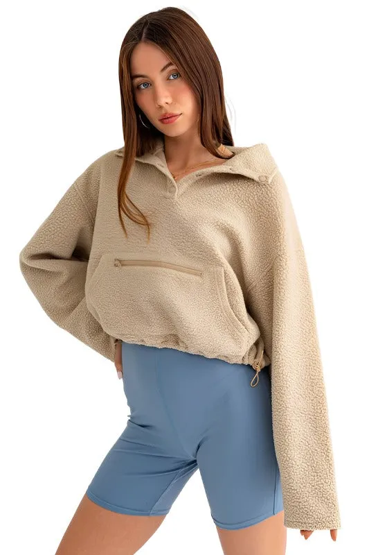 Pocket Detail Boxy Fleece Pullover Sweater