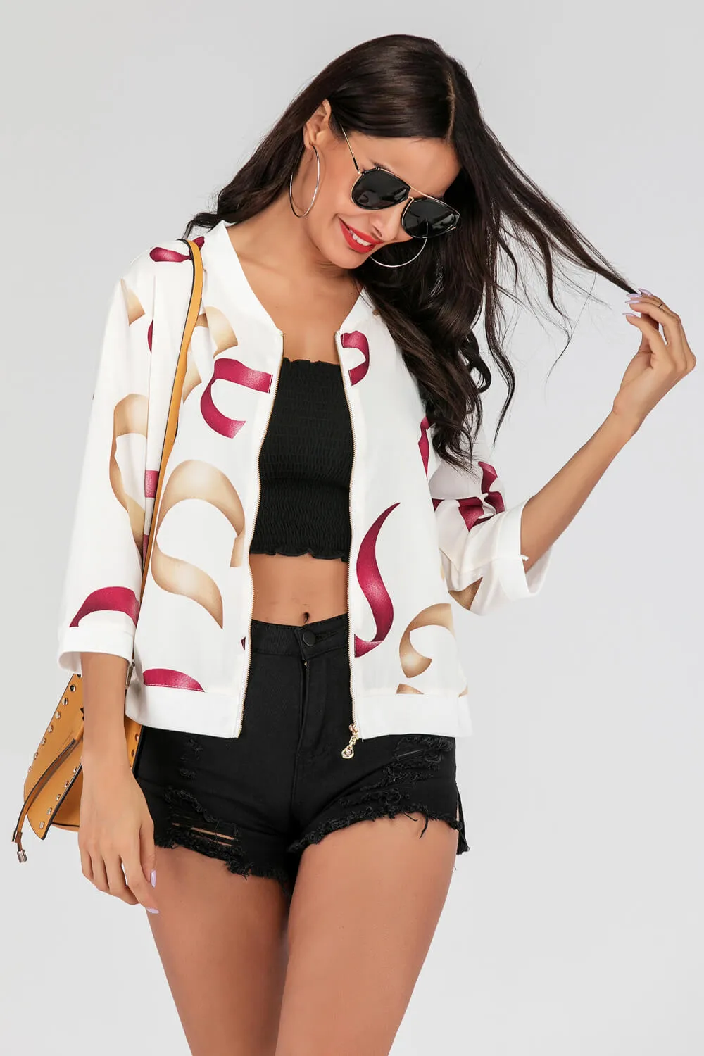 Printed Zip-Up Three-Quarter Sleeve Bomber Jacket