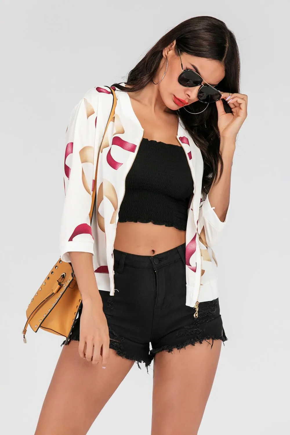 Printed Zip-Up Three-Quarter Sleeve Bomber Jacket