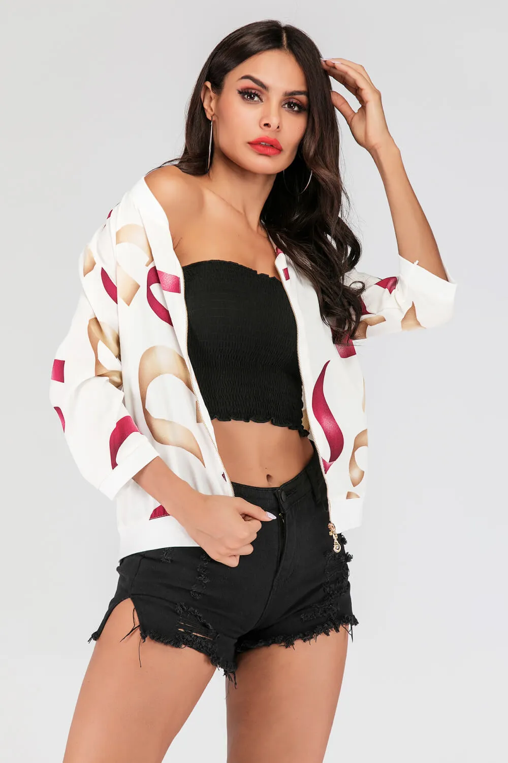 Printed Zip-Up Three-Quarter Sleeve Bomber Jacket