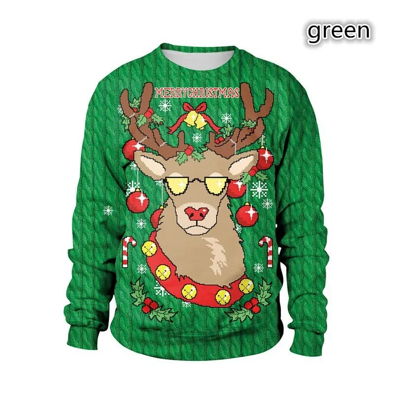 Pullover Sweater 3D Digital Printing Elk Sweater Couple Wear Long Sleeve round Neck Christmas Outfit