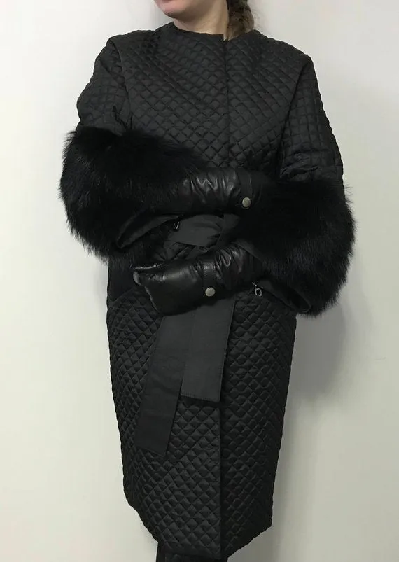 Quilted Coat with Removable Fox Fur Trim