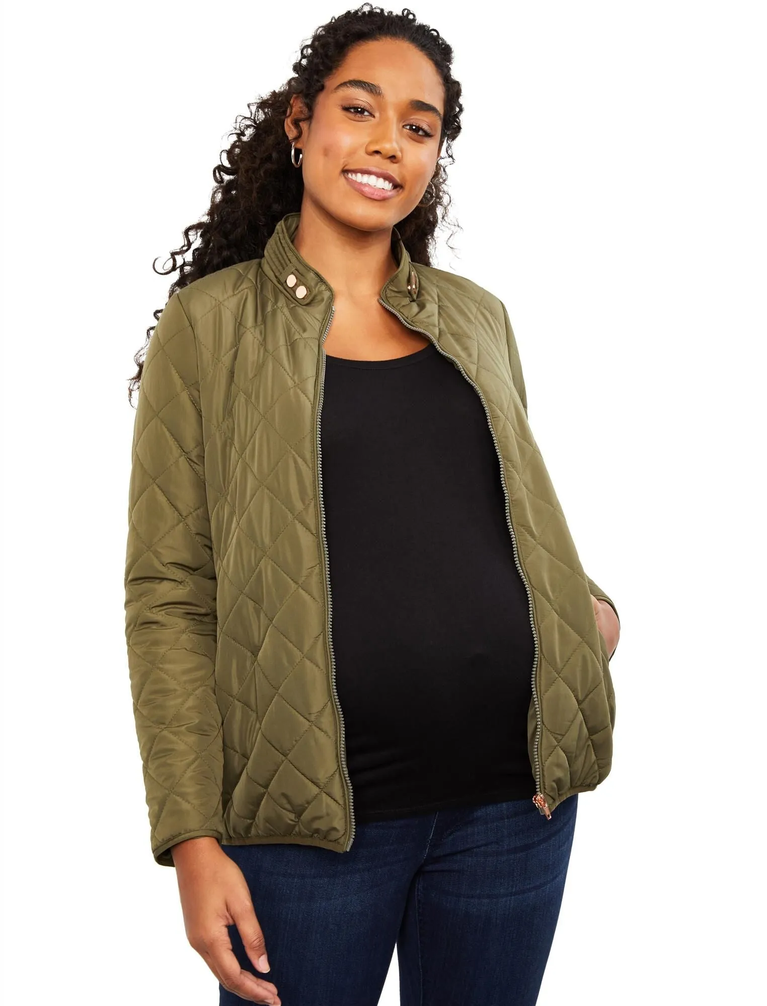 Quilted Puffer Maternity Coat in Olive