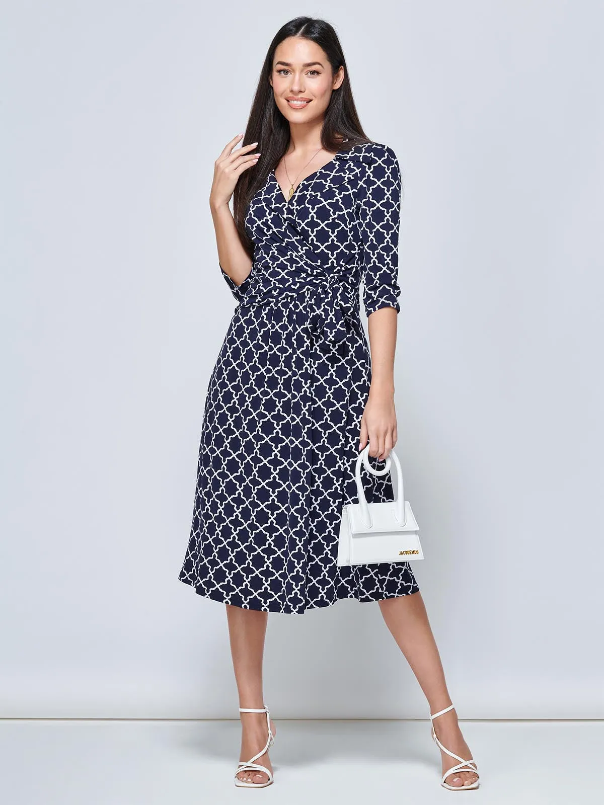 Raegan Wrap Tie Side Jersey Dress, Navy Geo