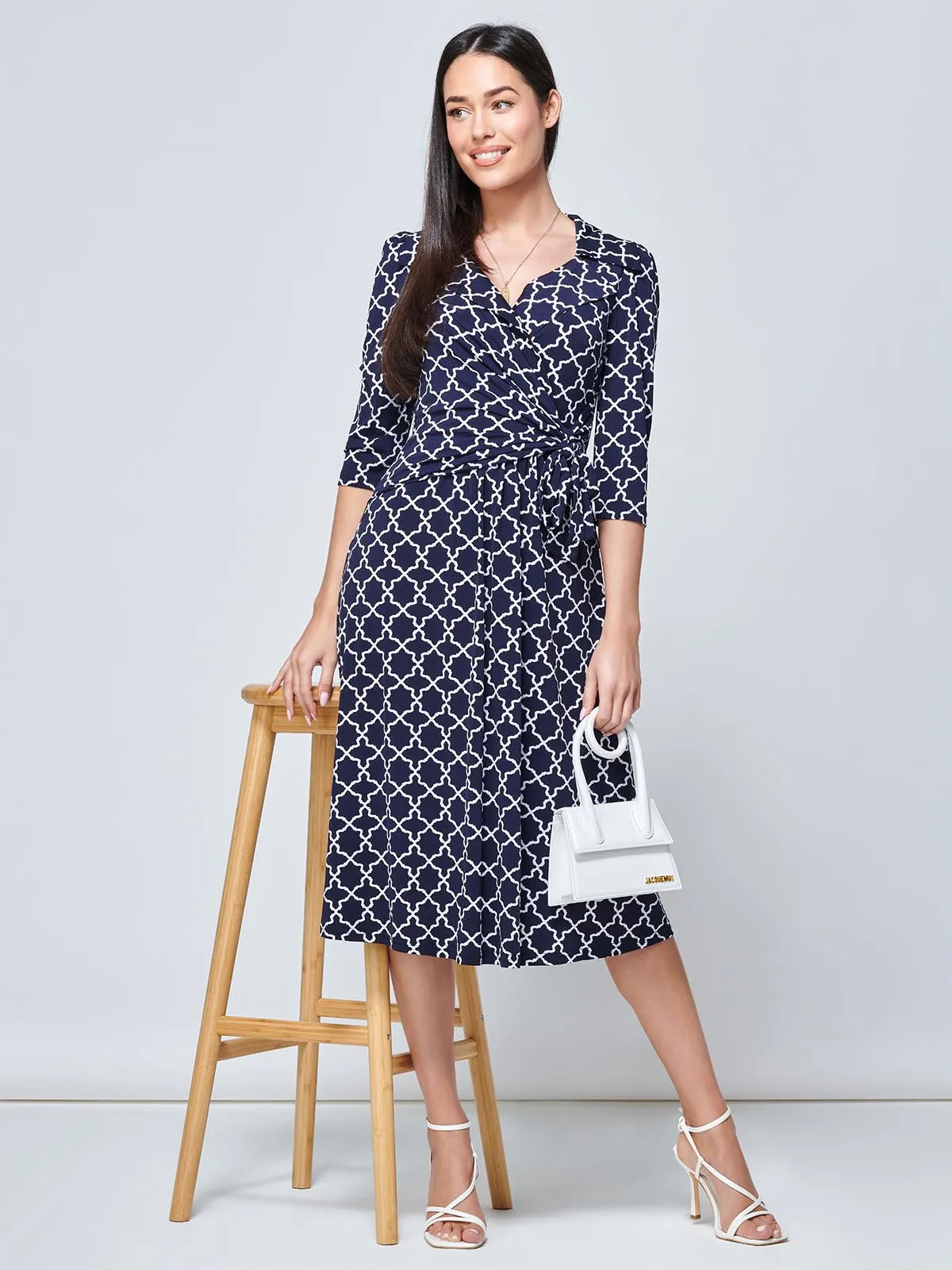 Raegan Wrap Tie Side Jersey Dress, Navy Geo