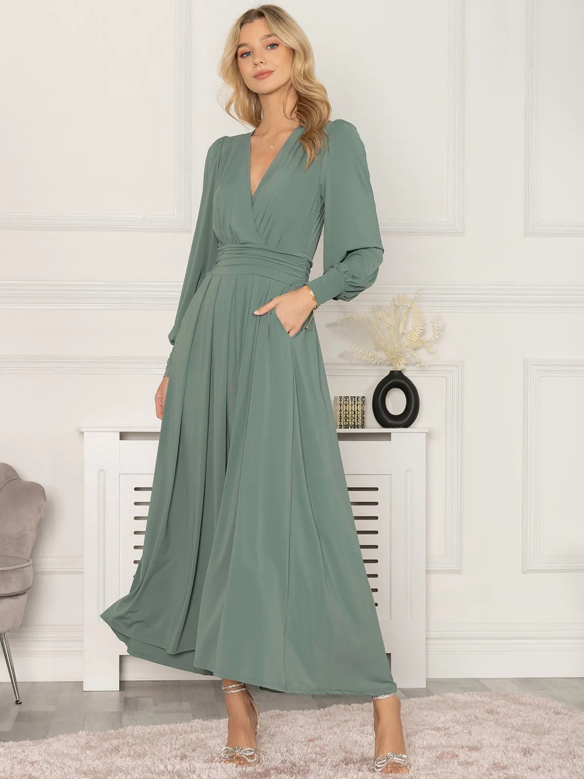 Rashelle Jersey Long Sleeve Maxi Dress, Pleat Green