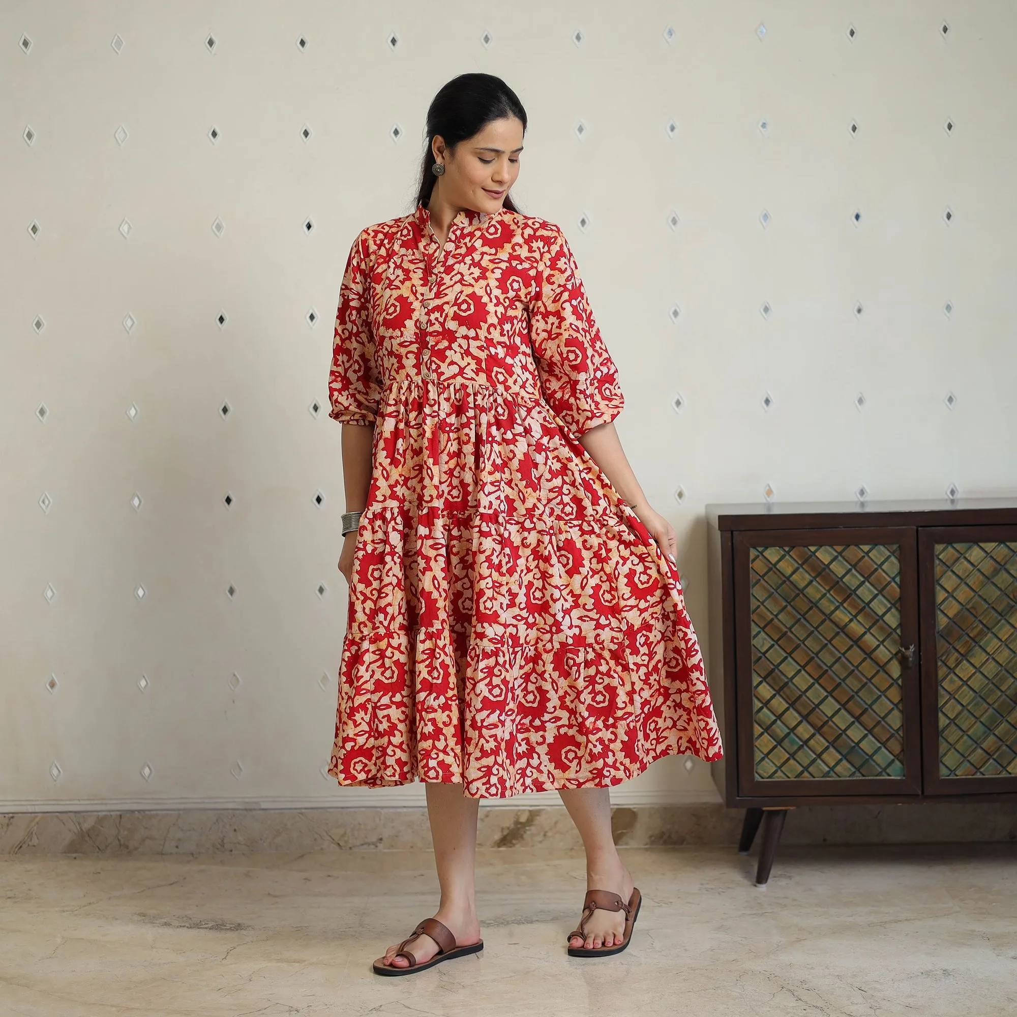 Red - Pure Cotton Tiered Batik Print Dress 09