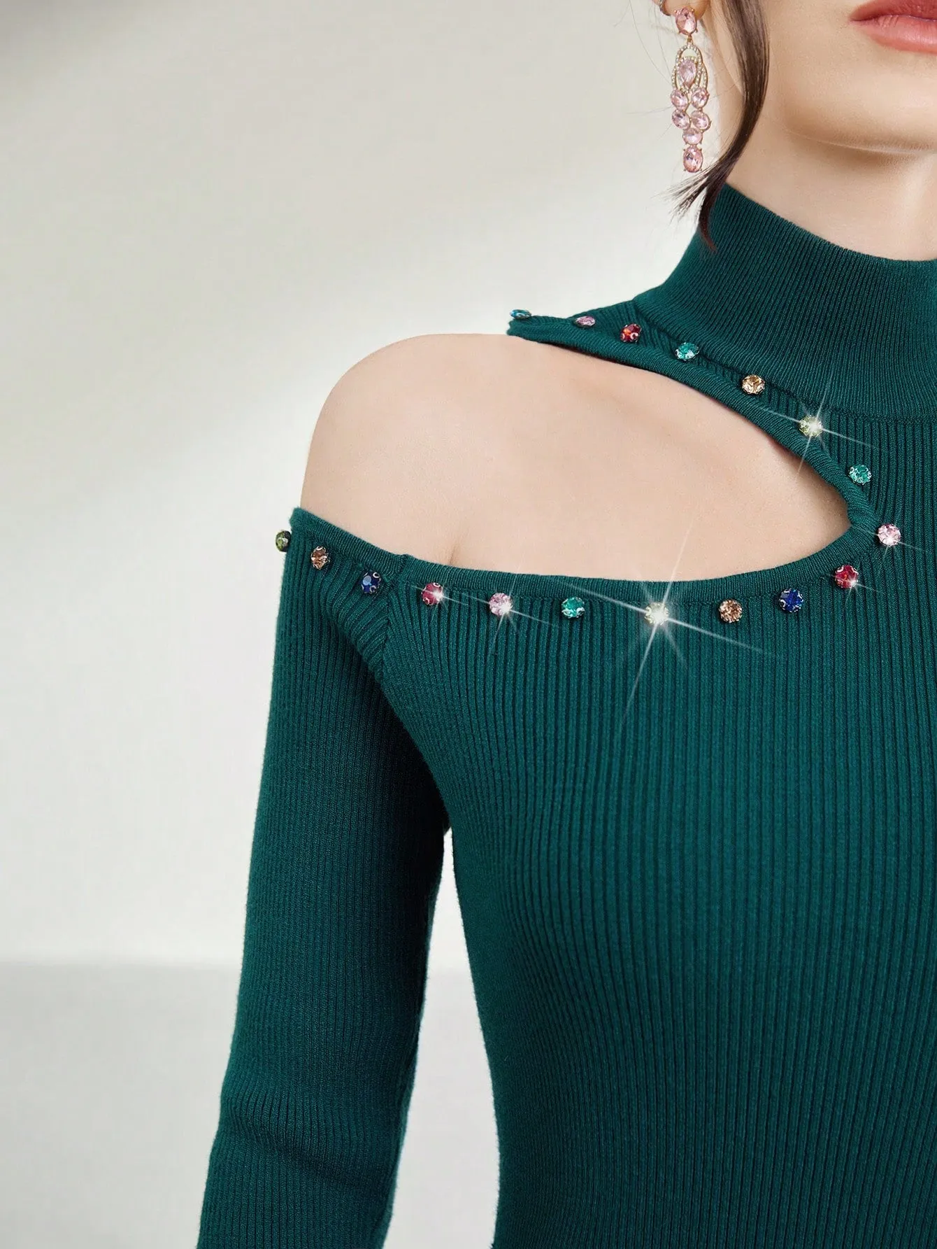 Rhinestone Detail Cut Out Bodycon Sweater Dress