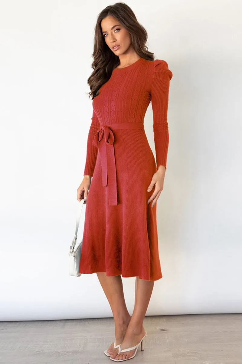 Round Neck Long Sleeve Tie Waist Sweater Dress