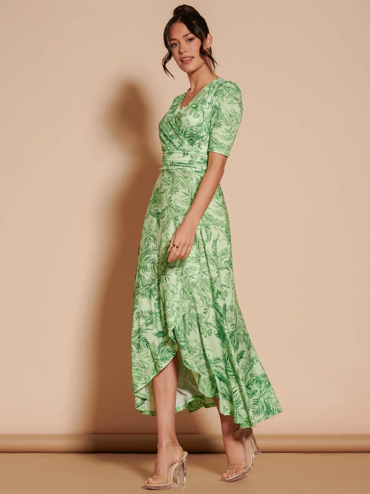 Ruffle Hem Jersey Maxi Dress, Green Leafy