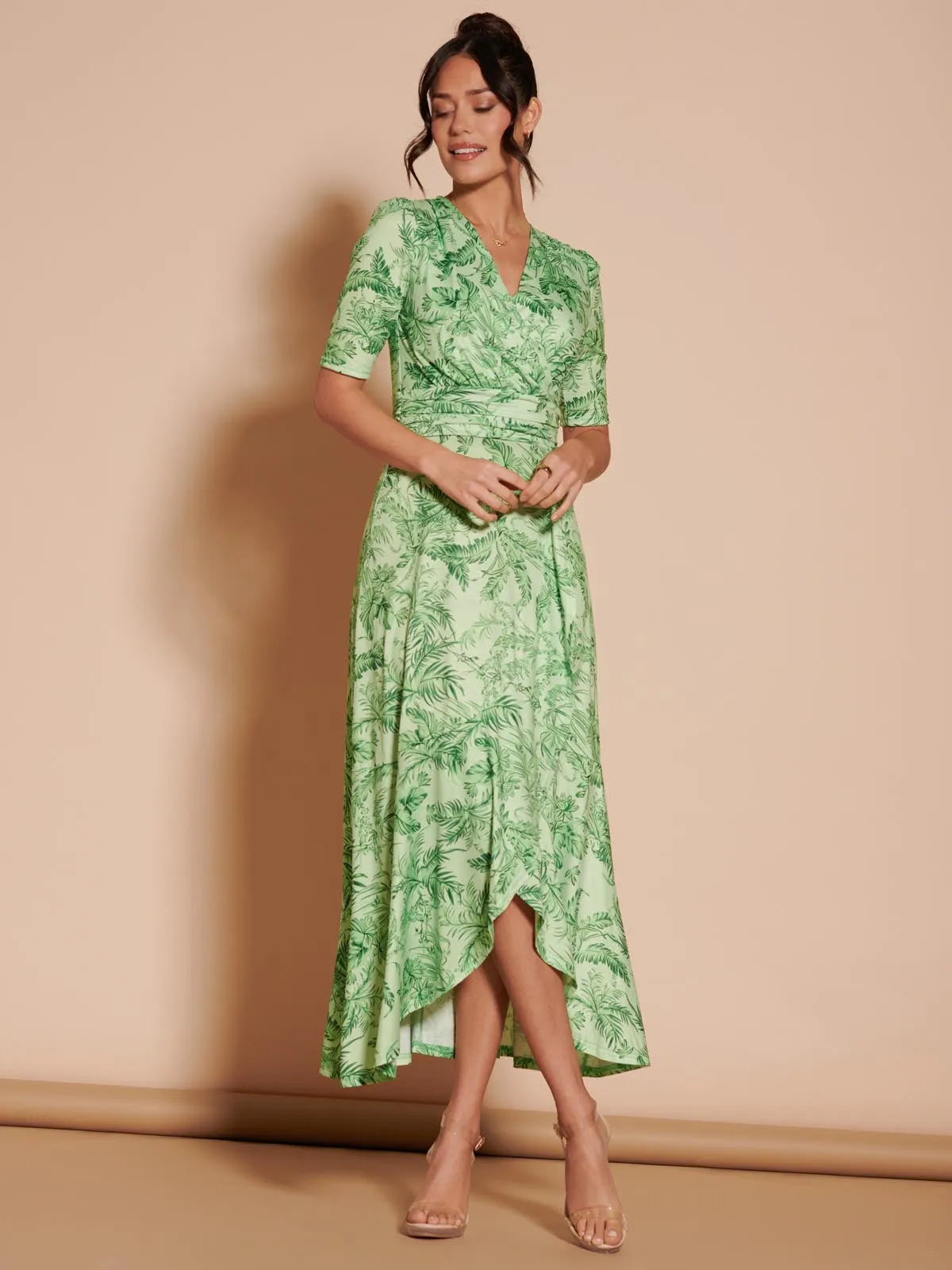 Ruffle Hem Jersey Maxi Dress, Green Leafy