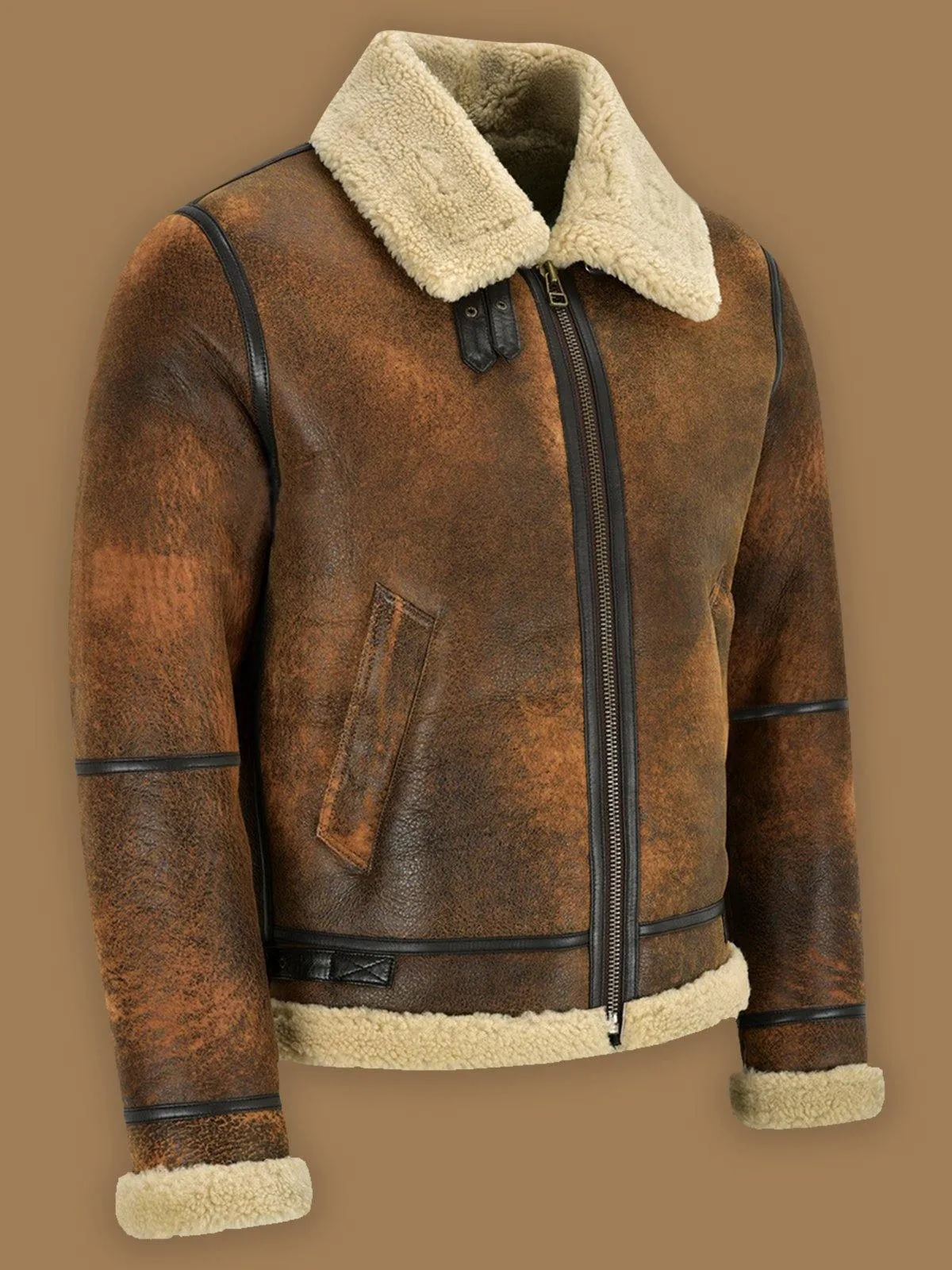 Rugged Vintage Distressed Brown Shearling Leather Jacket for Men