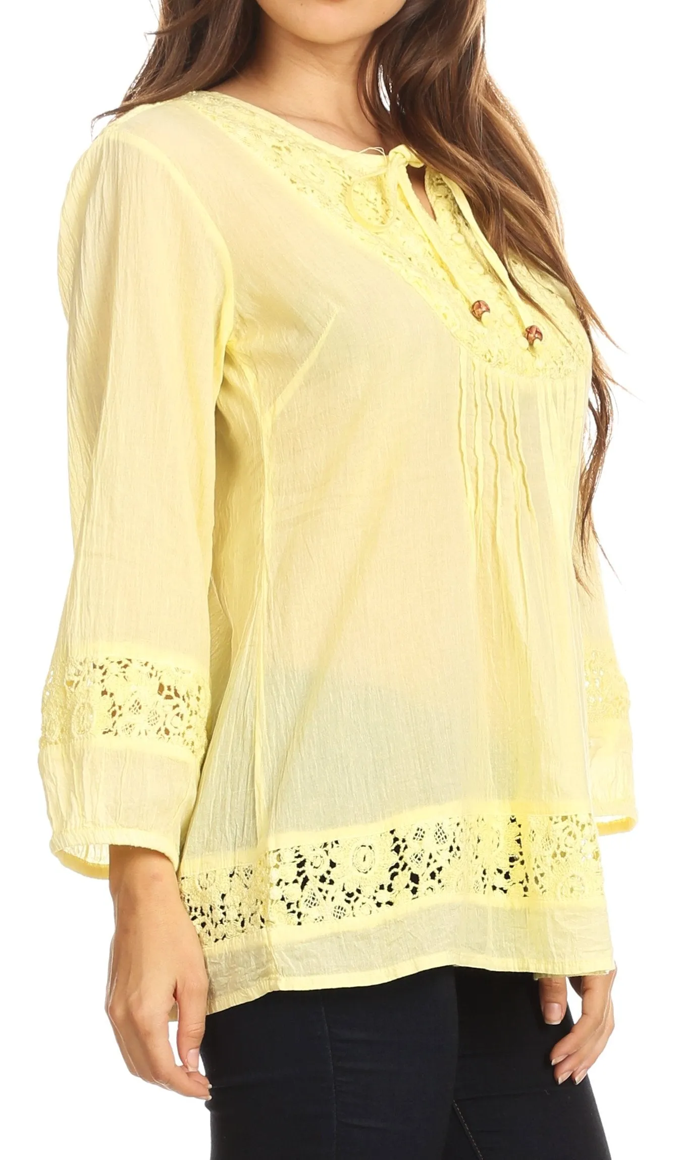 Sakkas Echo Long Lightweight Embroidered Blouse Top With Bell Sleeves