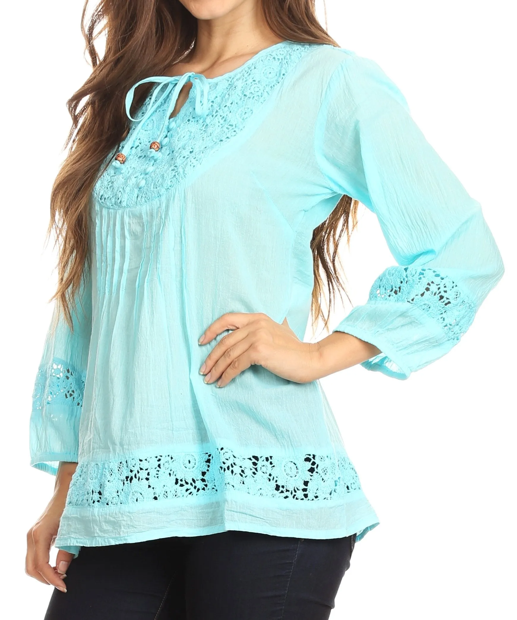 Sakkas Echo Long Lightweight Embroidered Blouse Top With Bell Sleeves