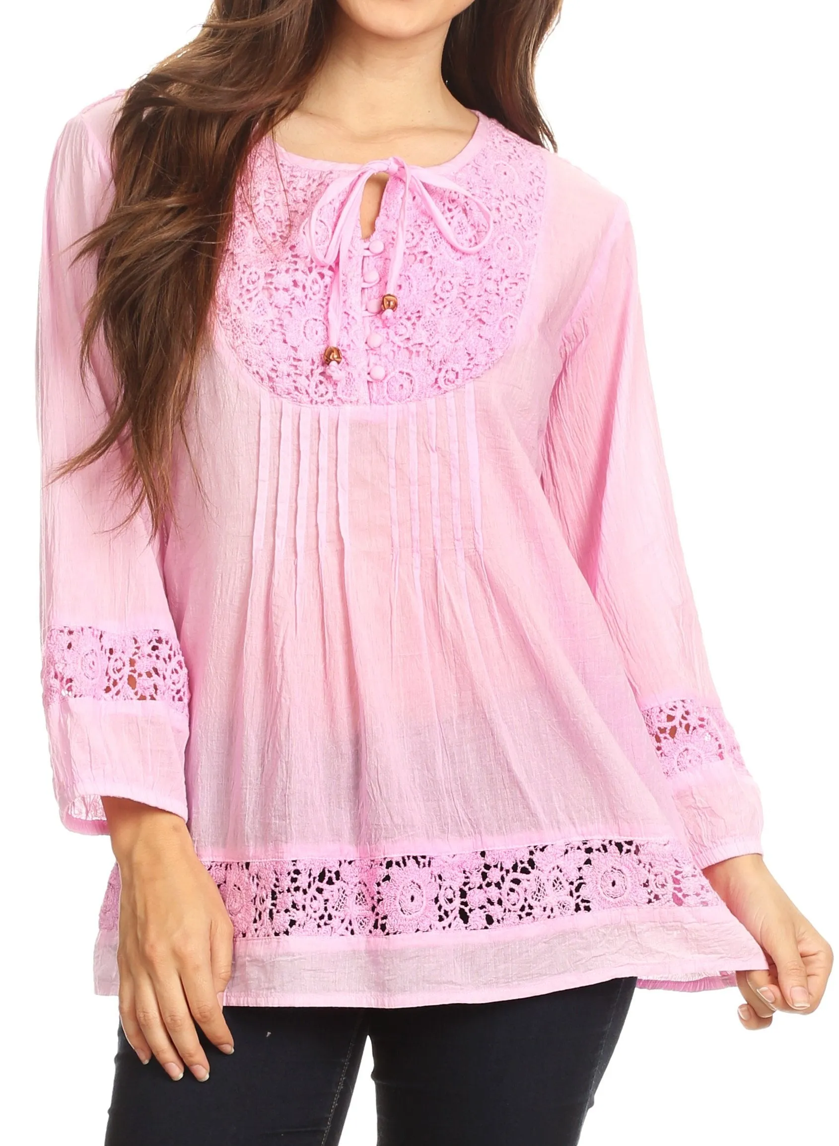 Sakkas Echo Long Lightweight Embroidered Blouse Top With Bell Sleeves