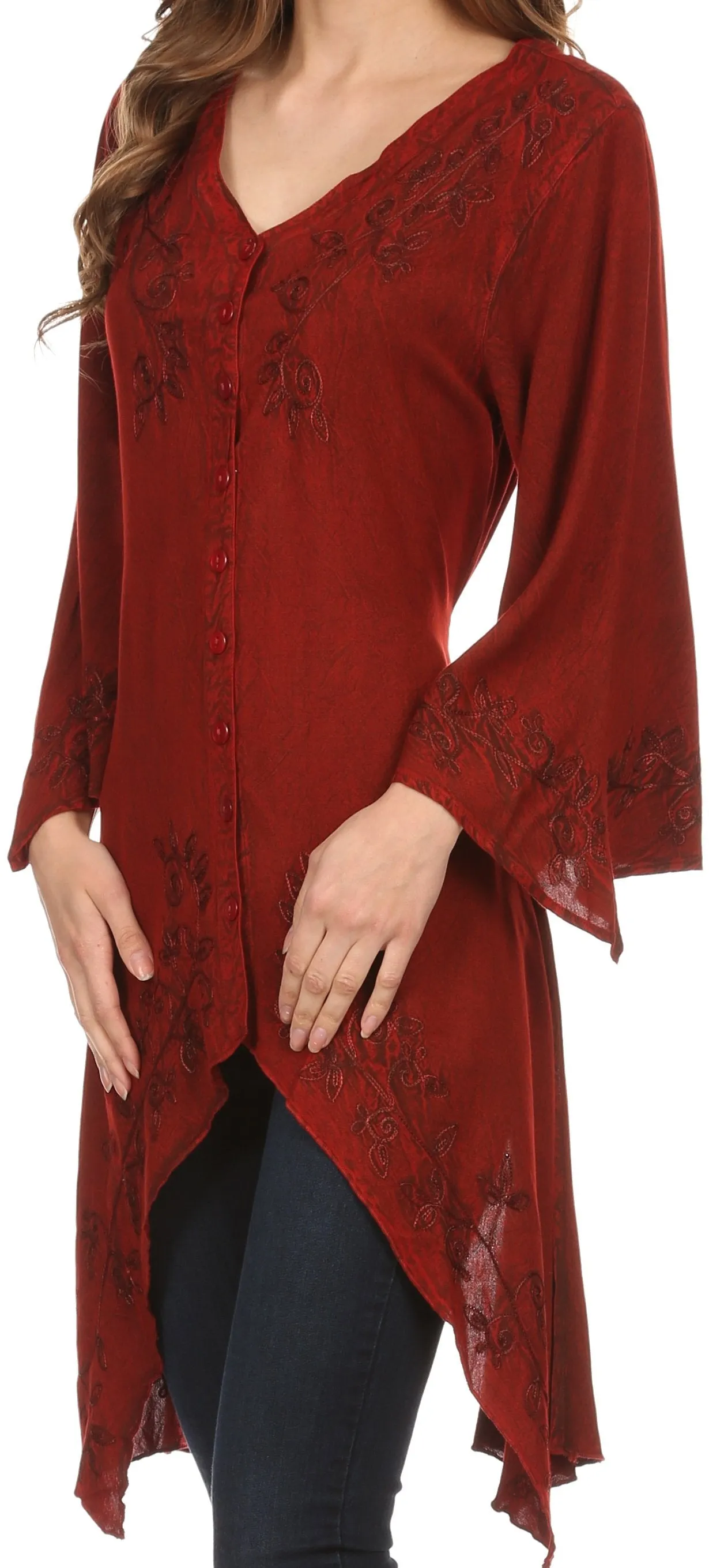 Sakkas Gella Button Down Blouse Top With Bell Sleeves And Handkerchief Sides