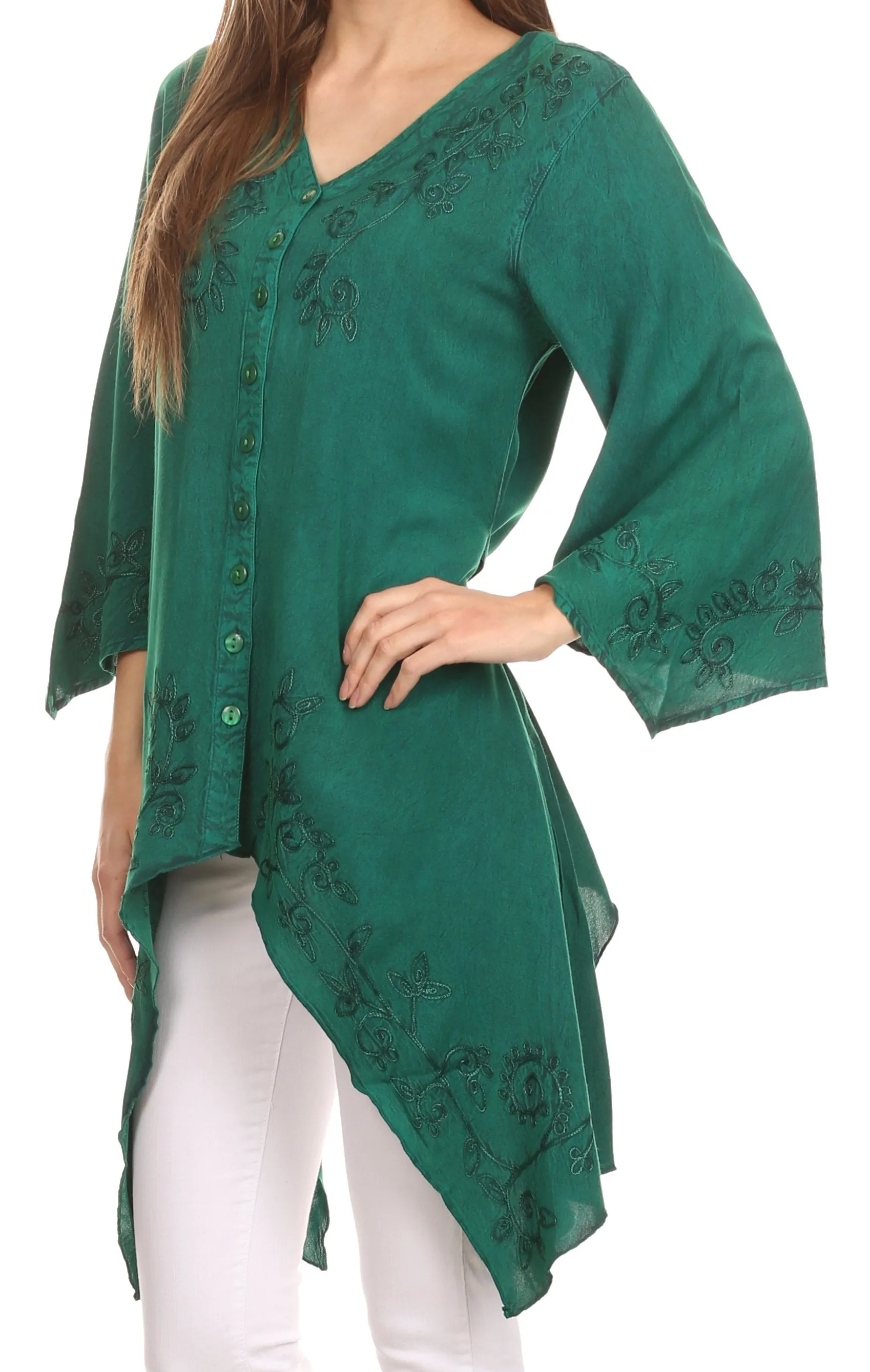 Sakkas Gella Button Down Blouse Top With Bell Sleeves And Handkerchief Sides