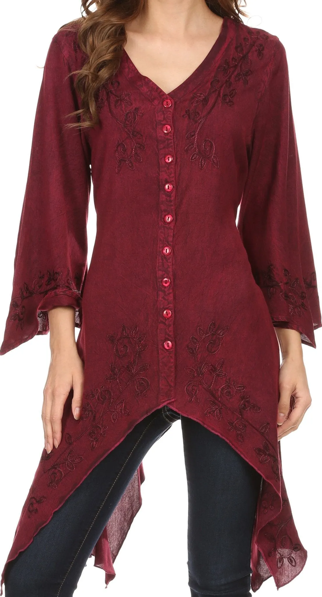 Sakkas Gella Button Down Blouse Top With Bell Sleeves And Handkerchief Sides