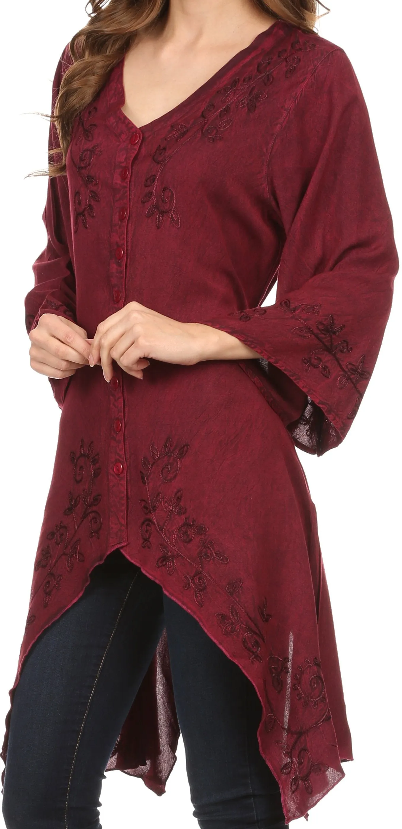 Sakkas Gella Button Down Blouse Top With Bell Sleeves And Handkerchief Sides