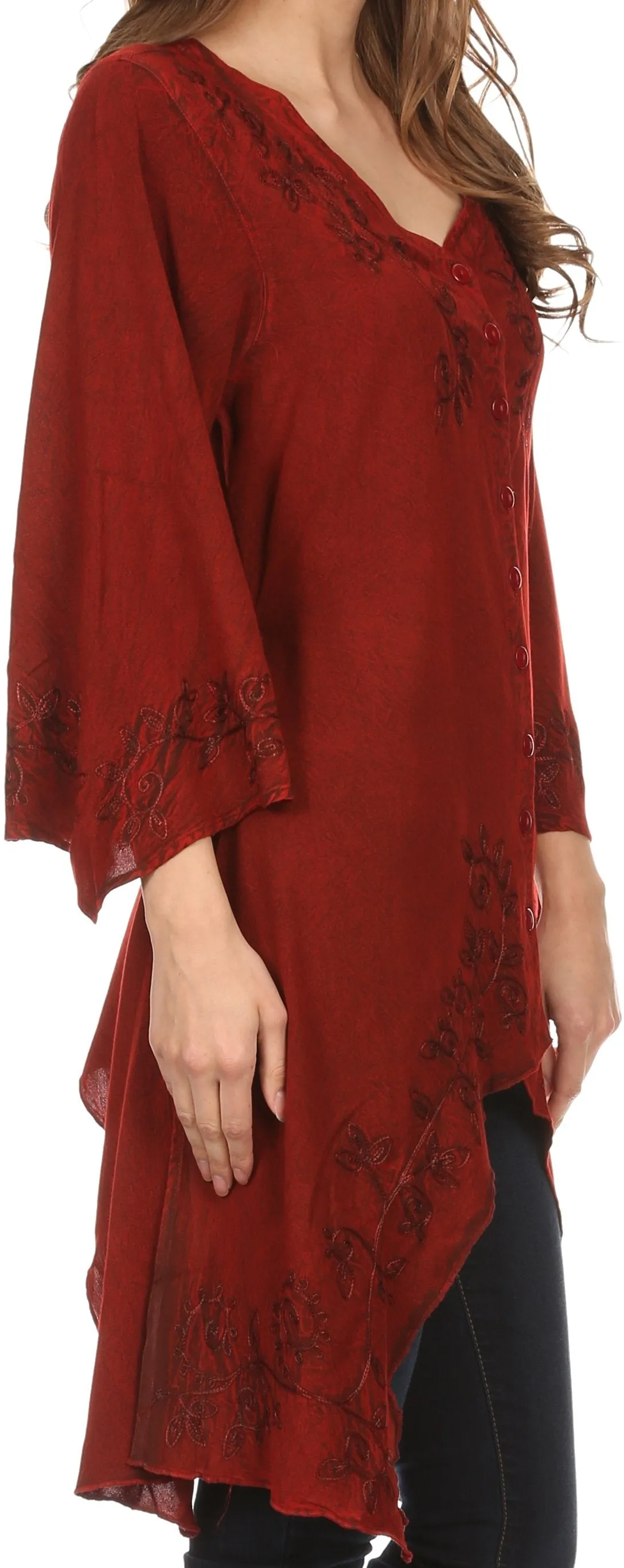 Sakkas Gella Button Down Blouse Top With Bell Sleeves And Handkerchief Sides