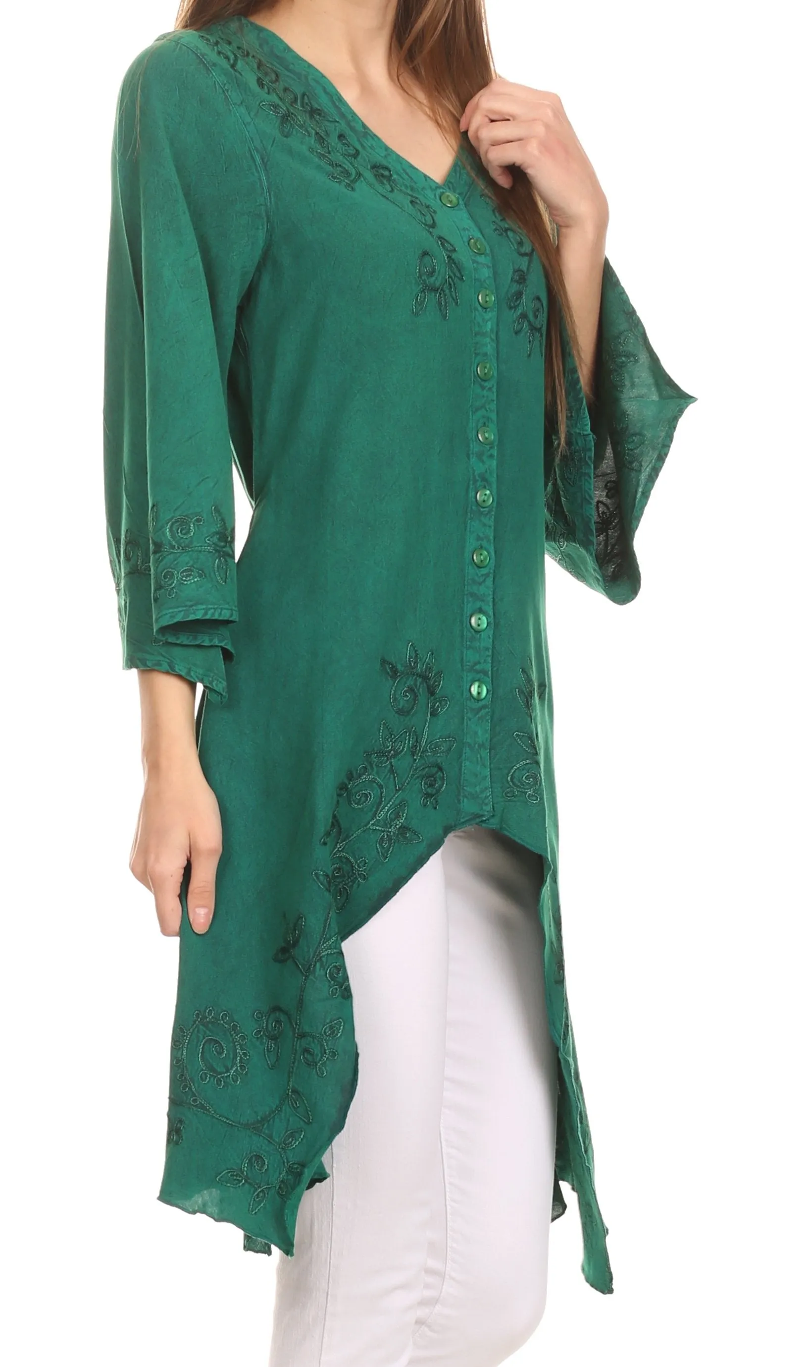 Sakkas Gella Button Down Blouse Top With Bell Sleeves And Handkerchief Sides