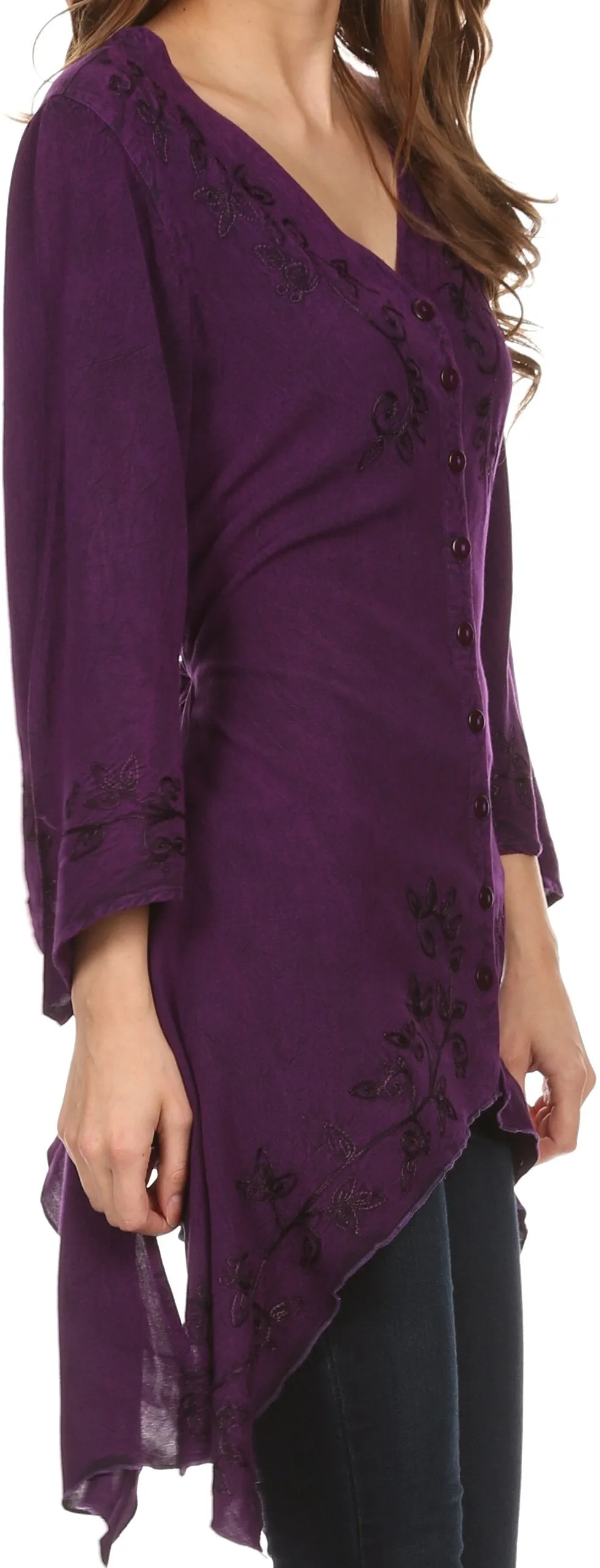 Sakkas Gella Button Down Blouse Top With Bell Sleeves And Handkerchief Sides