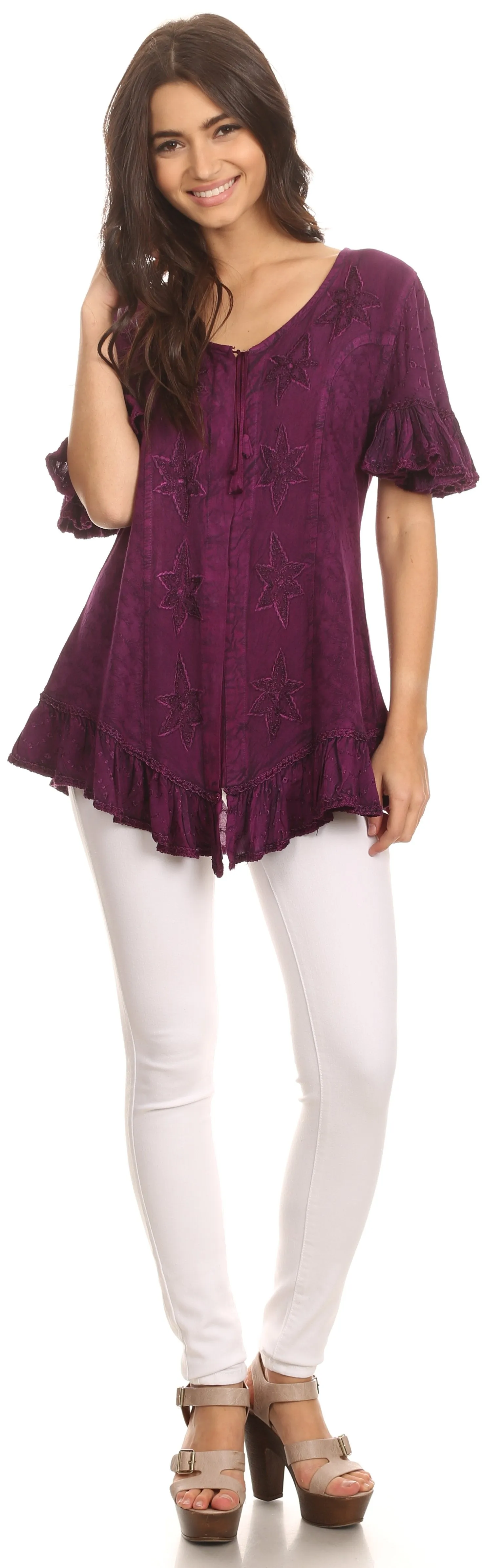 Sakkas Sayle Long Star Embroidered Blouse Shirt Top With Button Front And Ruffles