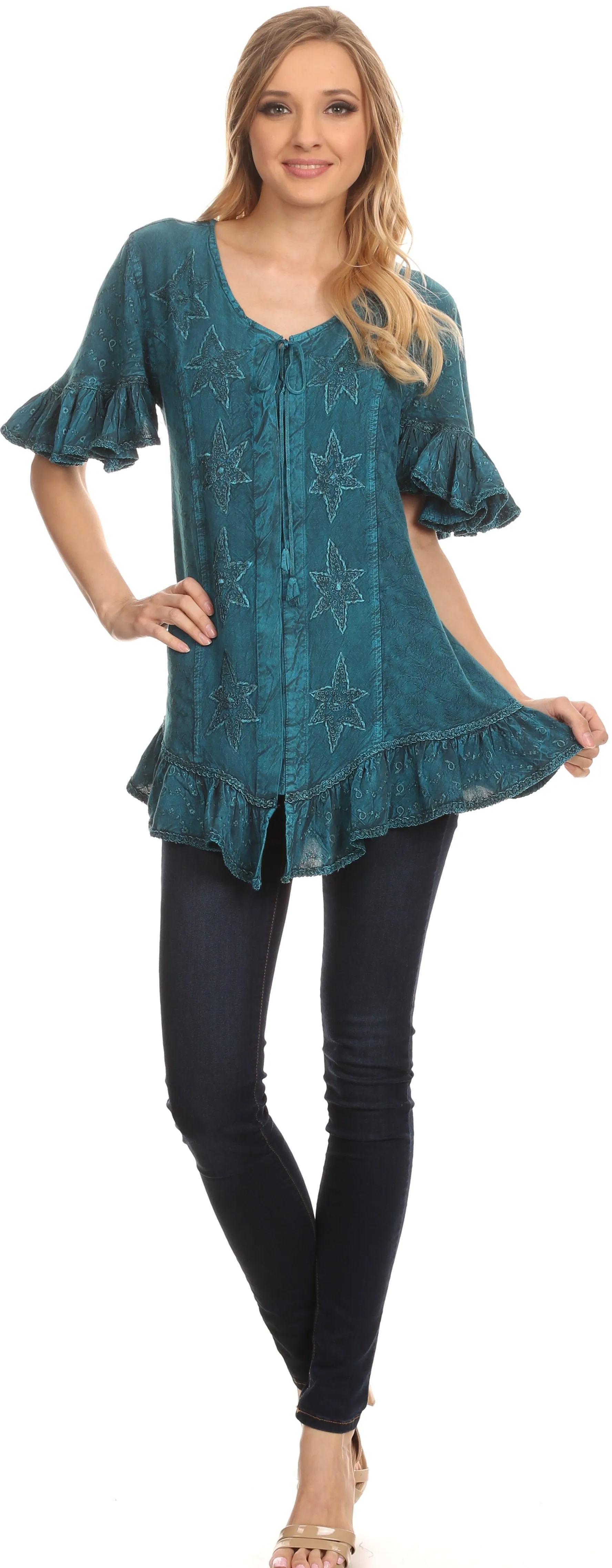 Sakkas Sayle Long Star Embroidered Blouse Shirt Top With Button Front And Ruffles