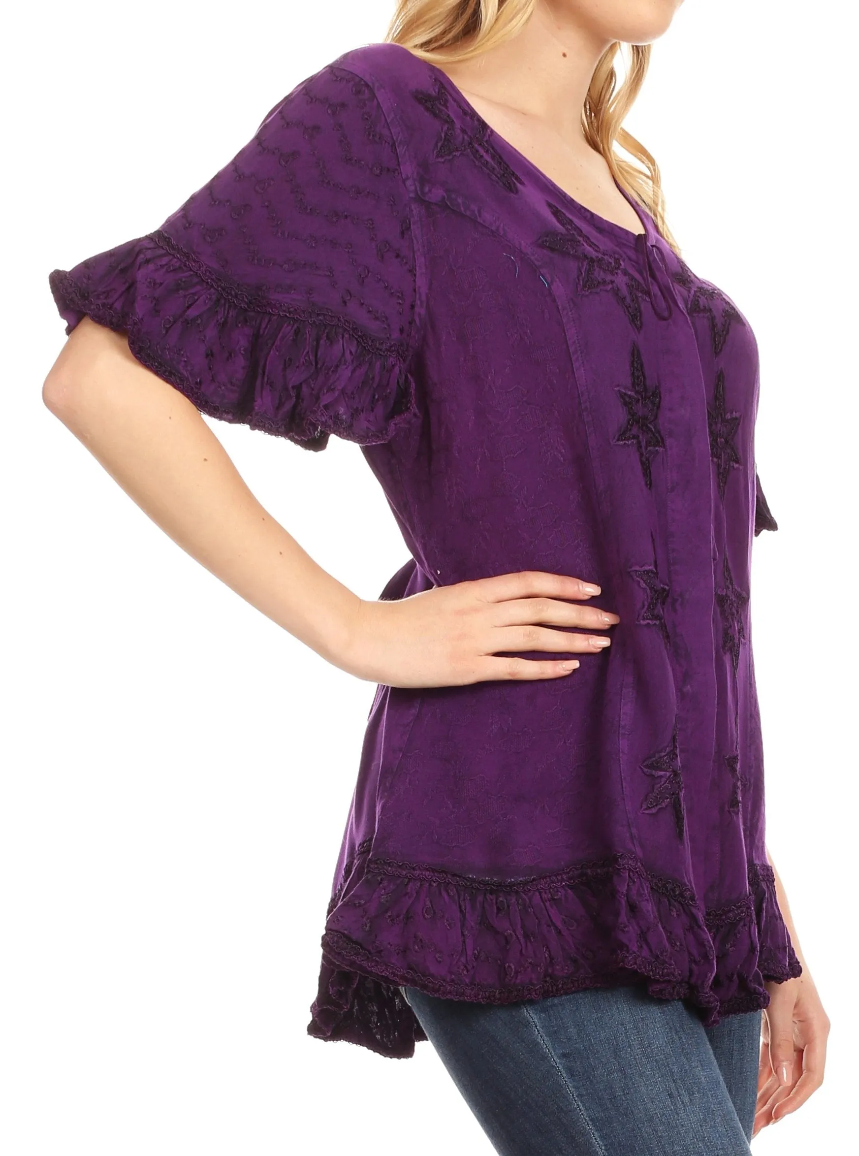 Sakkas Sayle Long Star Embroidered Blouse Shirt Top With Button Front And Ruffles