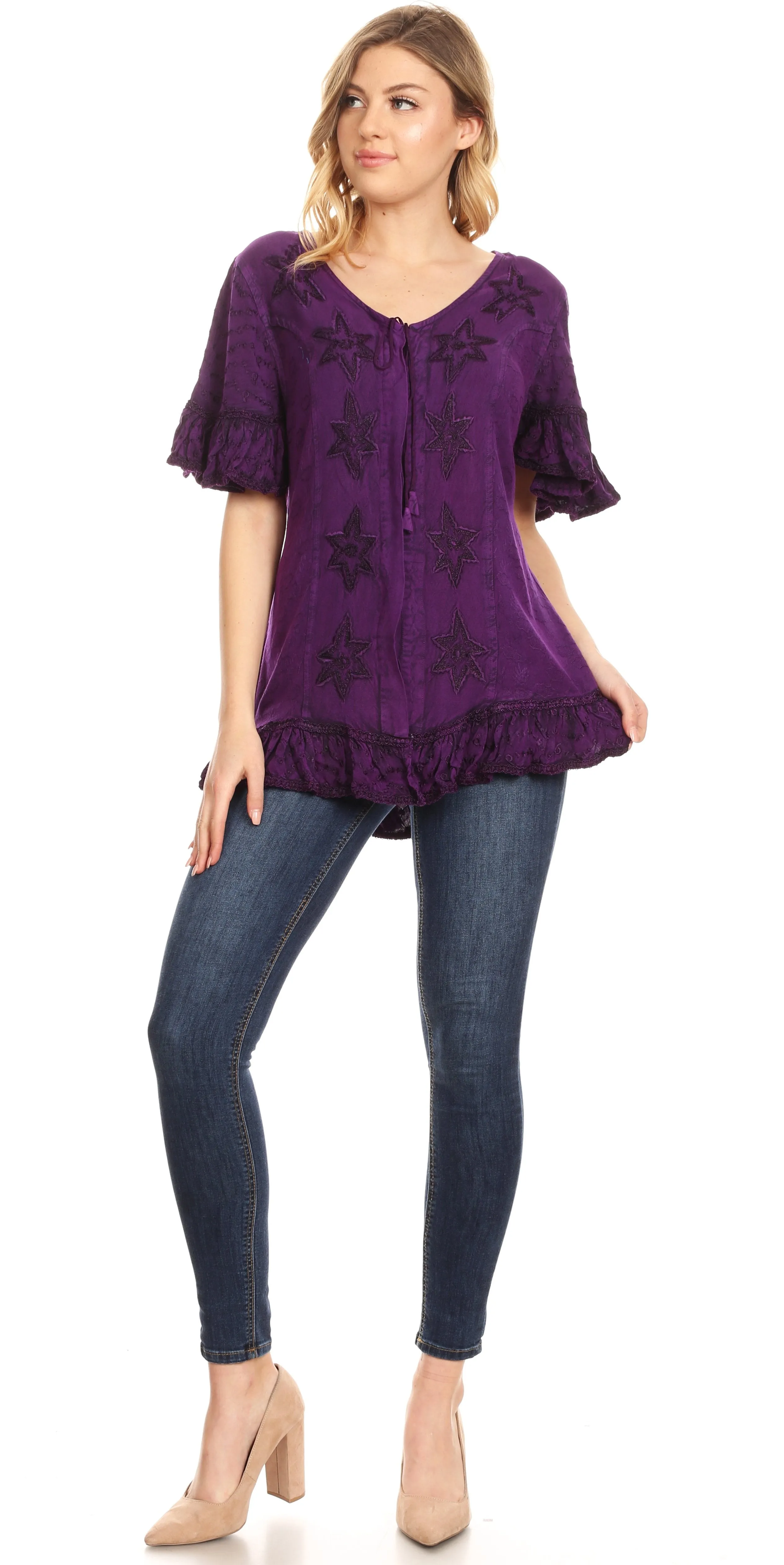 Sakkas Sayle Long Star Embroidered Blouse Shirt Top With Button Front And Ruffles