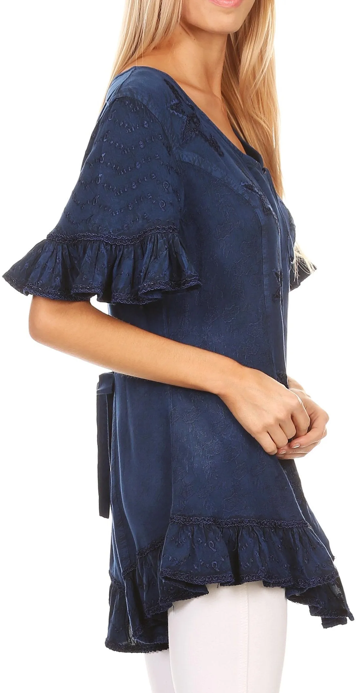 Sakkas Sayle Long Star Embroidered Blouse Shirt Top With Button Front And Ruffles