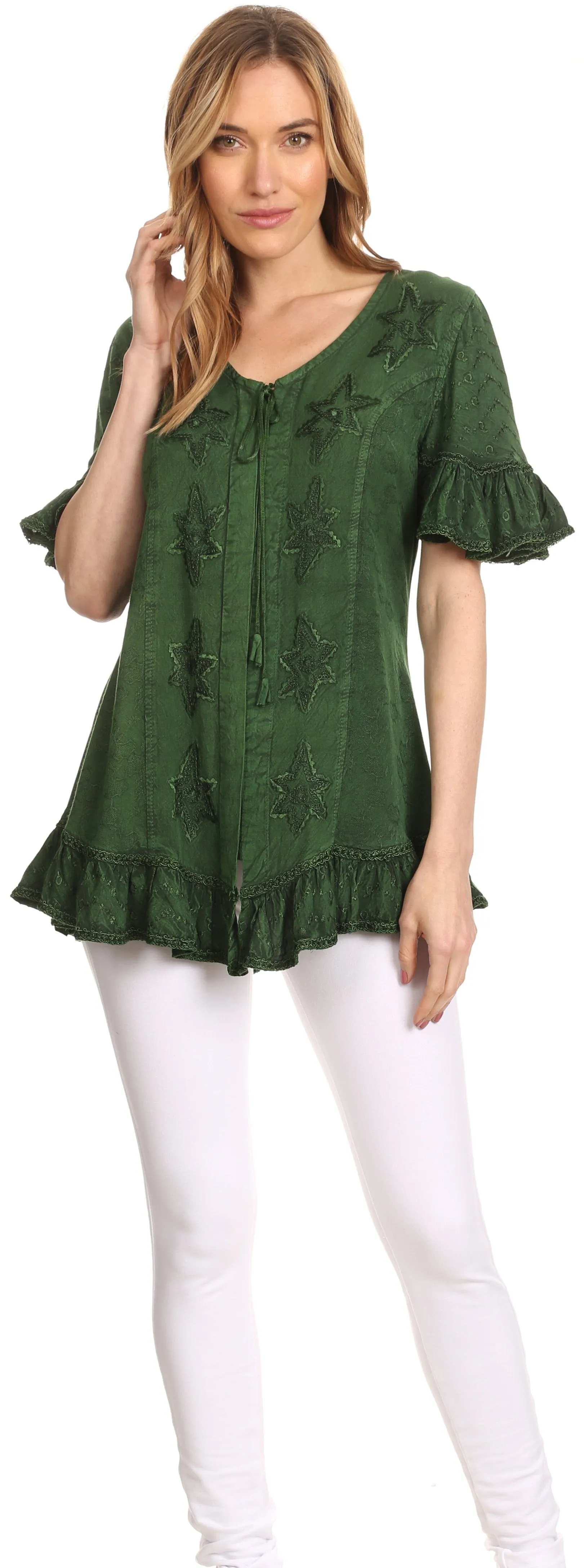 Sakkas Sayle Long Star Embroidered Blouse Shirt Top With Button Front And Ruffles