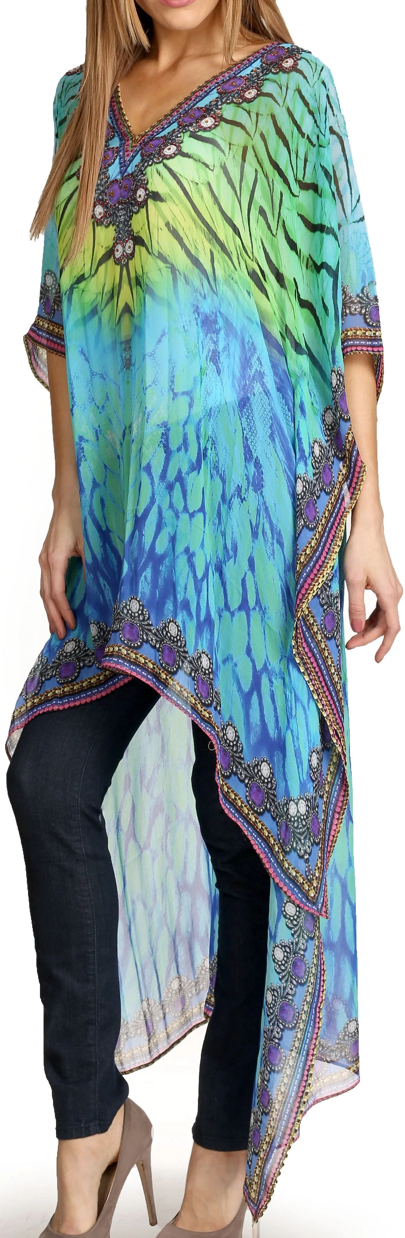 Sakkas Zeke Hi Low V-Neck Caftan Dress Printed Top Cover / Up