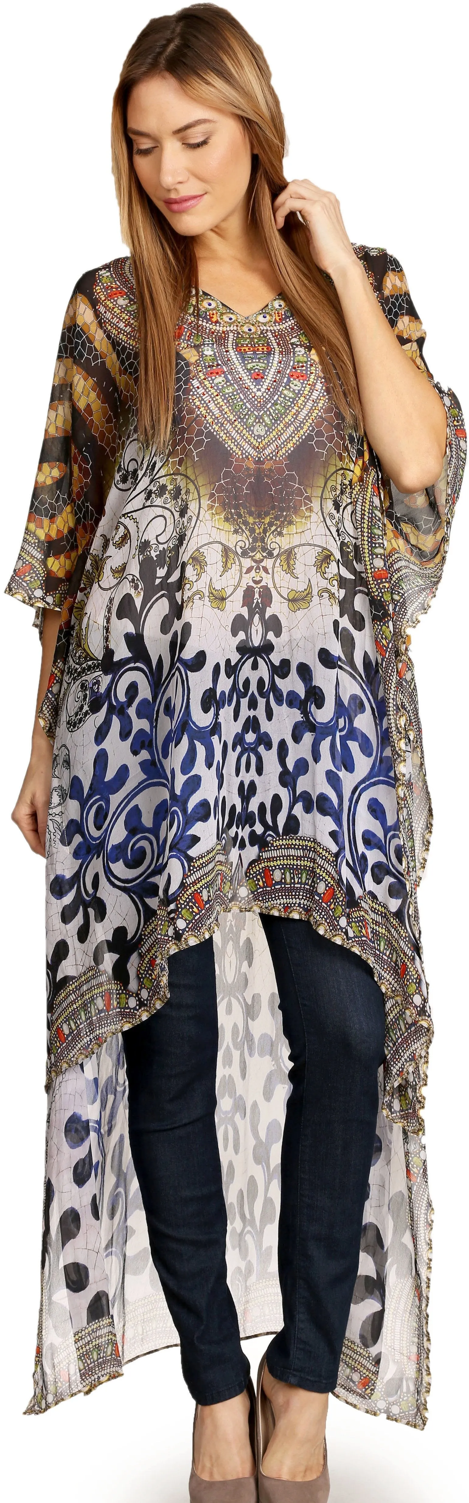 Sakkas Zeke Hi Low V-Neck Caftan Dress Printed Top Cover / Up