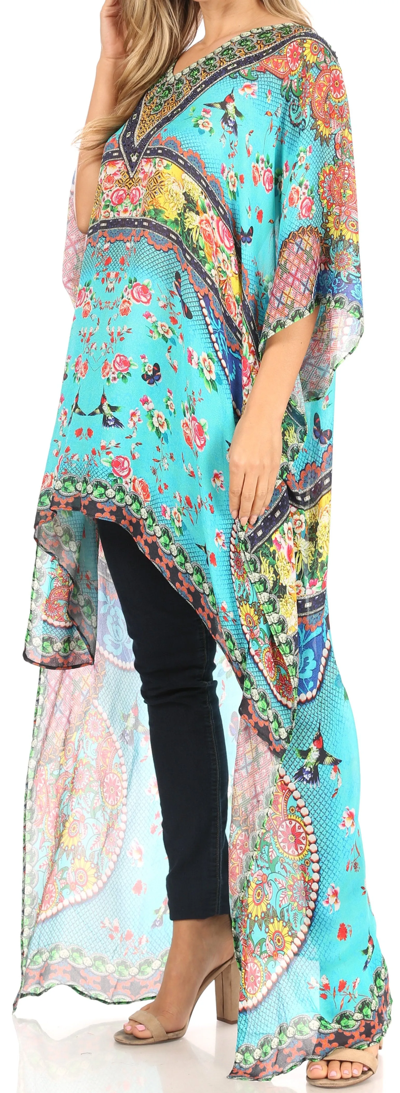 Sakkas Zeke Hi Low V-Neck Caftan Dress Printed Top Cover / Up