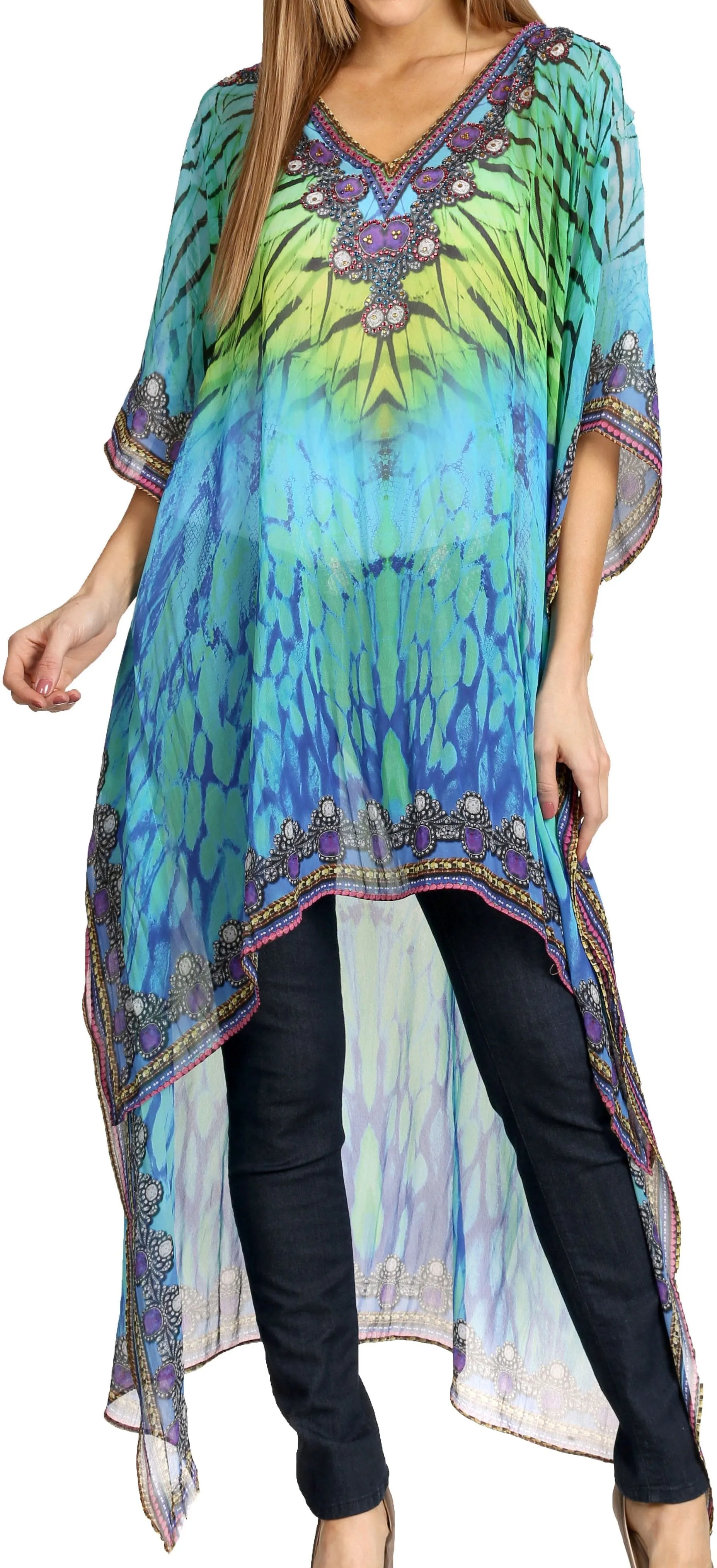 Sakkas Zeke Hi Low V-Neck Caftan Dress Printed Top Cover / Up