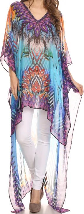 Sakkas Zeke Hi Low V-Neck Caftan Dress Printed Top Cover / Up