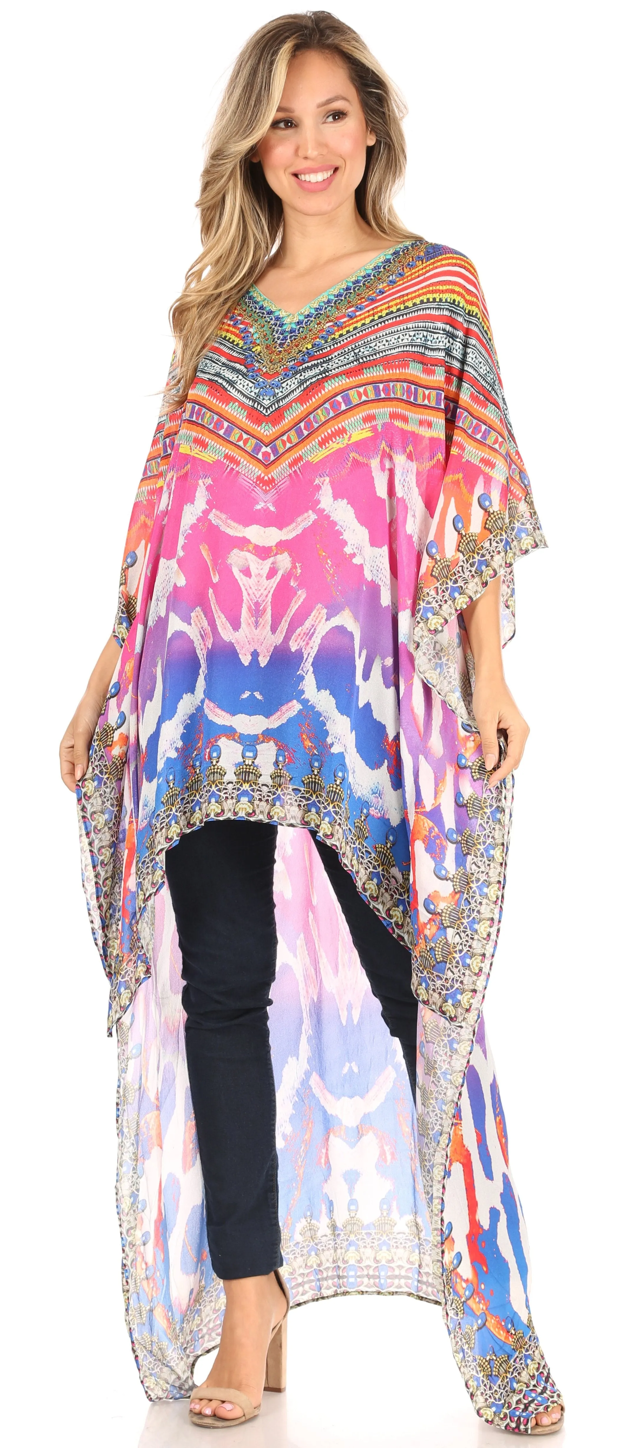 Sakkas Zeke Hi Low V-Neck Caftan Dress Printed Top Cover / Up